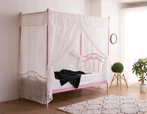 ピンクのシングルベッドフレーム ベッド シングル 天蓋付き カーテン付き フレームのみ シングルベッド