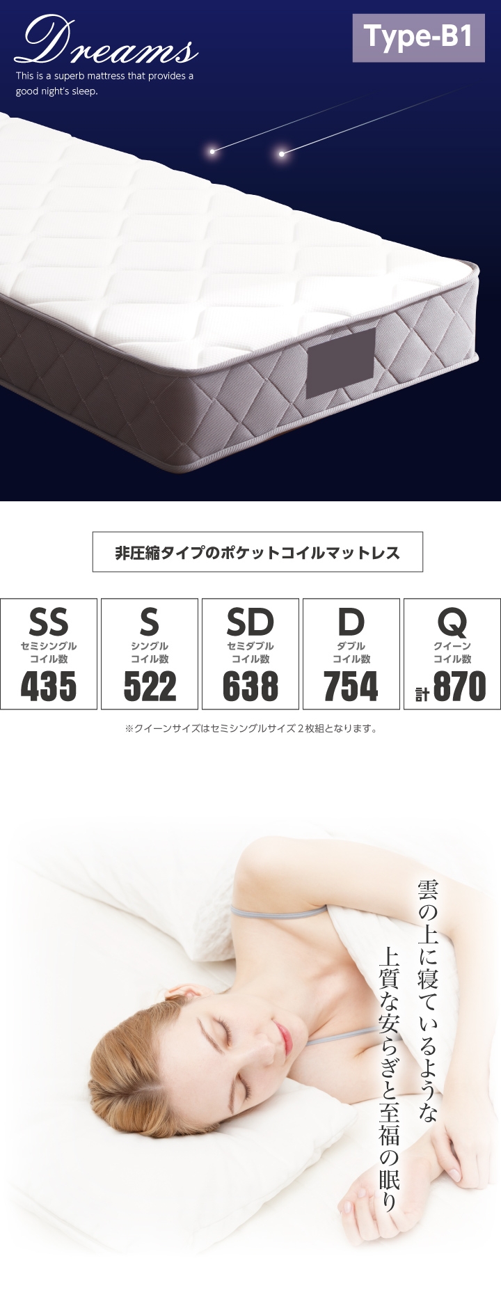 ポケットコイル マットレス ダブル コイル数 754個 厚み25cm ふっくら